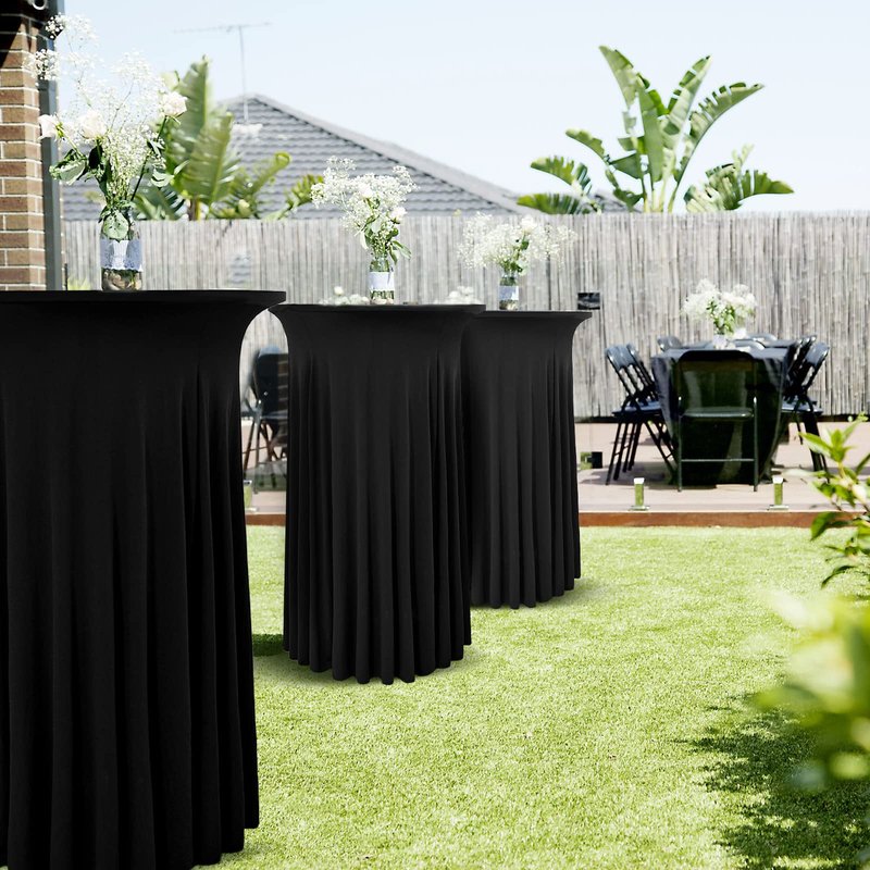 REWOMC 10 Packs Round Cocktail Table Skirt 24"x 43" Spandex Stretch Cocktail Tablecloth with Wavy Drapes, Black Spandex Fitted High Top Table Covers for Wedding Bar Party Birthday Banquet Tables