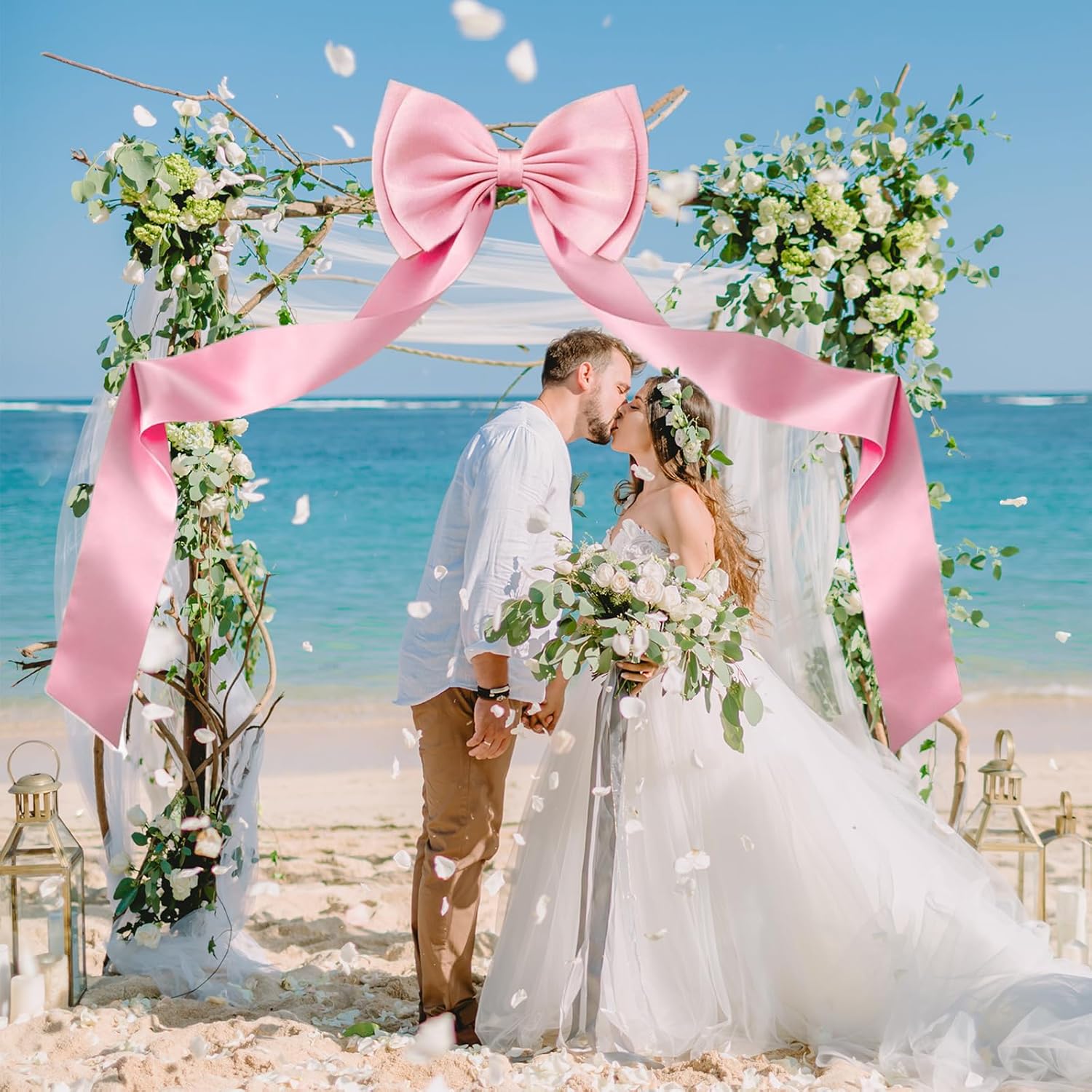 Vovoir Giant Bow Decoration - 75x18 Inch Pink Satin Bow with 10 Ribbon Bows for Weddings & Parties