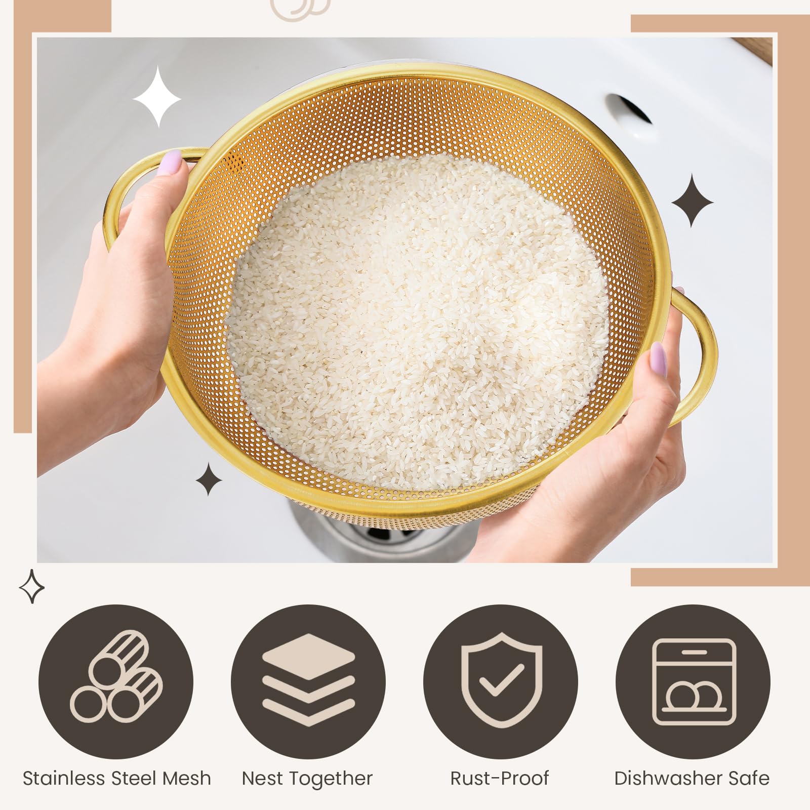 Baderke 3 Quart Stainless Steel Gold Colander and 3 Pcs Fine Mesh Strainer with Handles Gold Kitchen Accessories for Kitchen Draining Rinsing Serving Food Pasta Rice Vegetables