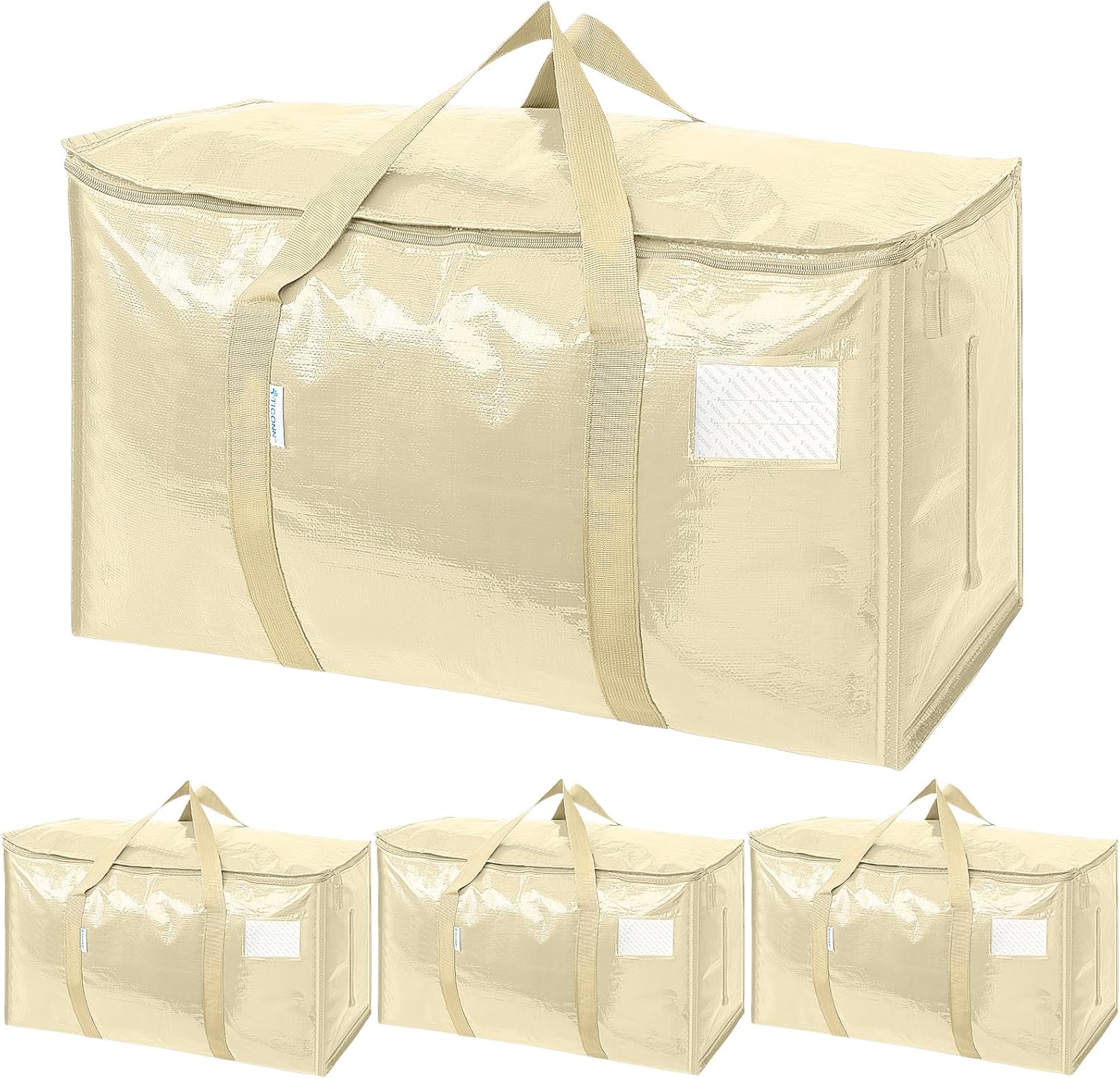 TICONN Extra Large Heavy-Duty Moving Bags - Durable Storage with Zippers & Handles | 4 Pack, Cream