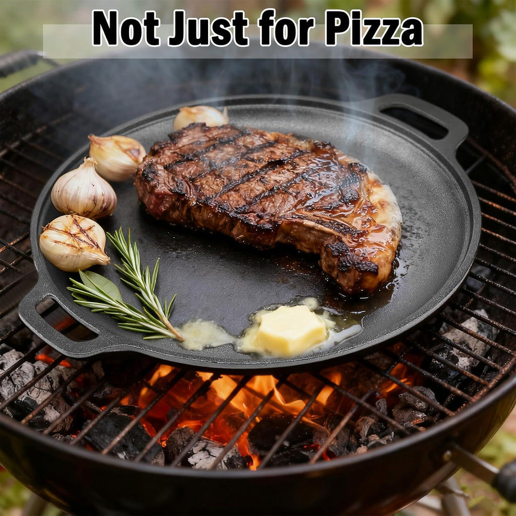 Skiennix Cast Iron Pizza Pan - 13.8 Inch Round Comal for Even Heating | Heavy-Duty with Dual Handles