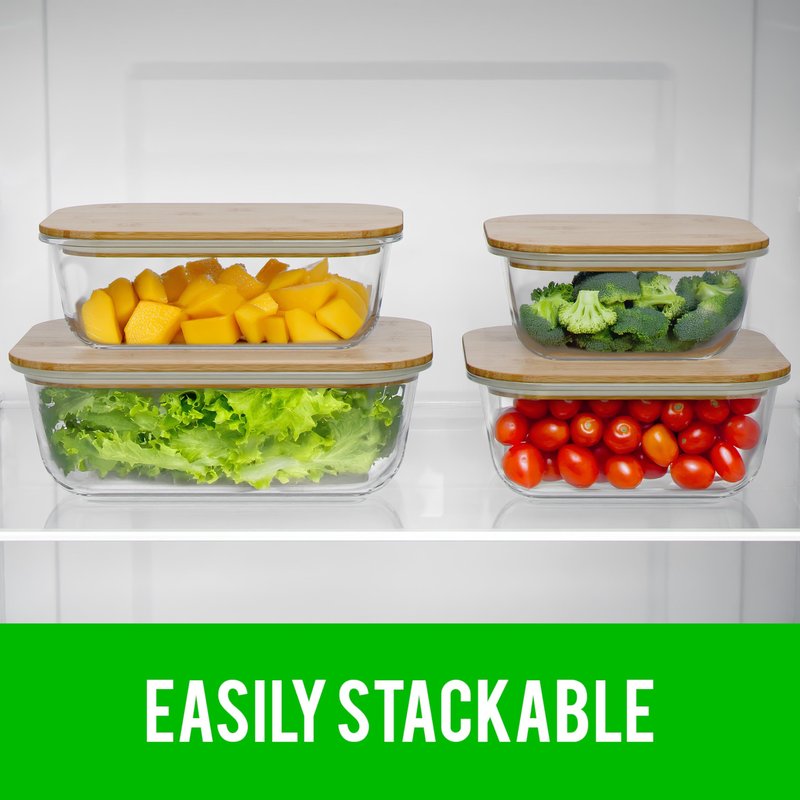 4 Pack Glass Food Storage Containers with Bamboo Lids, Meal Prep Glass Tupperware with Wooden Lid – Dishwasher & Microwave Safe, Plastic Free, BPA Free