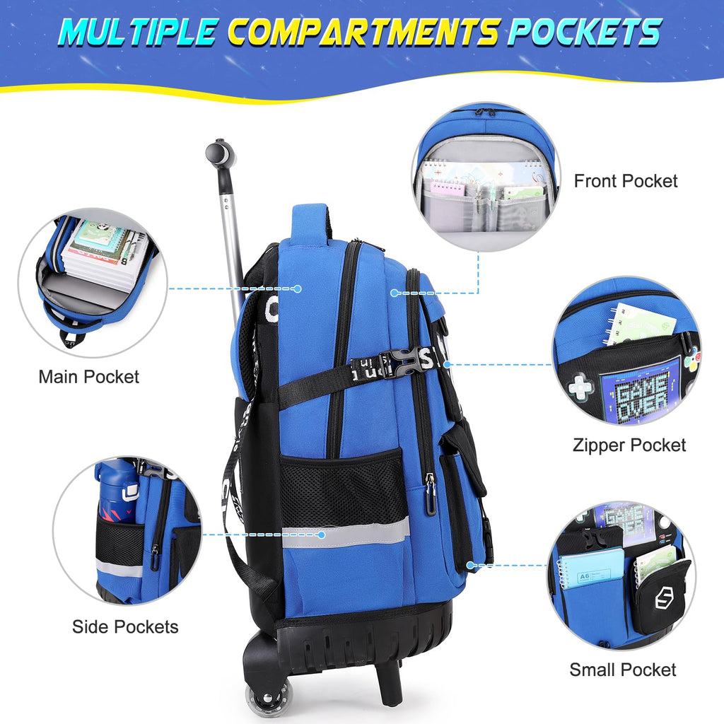 Scothen Rolling Backpack for Boys, Cool Luminous Gamer Roller School Backpacks for Boys with Lunch Bag and Pencil Pouch, Kids Backpack Bookbag with Wheels for Kindergarten Elementary Middle School