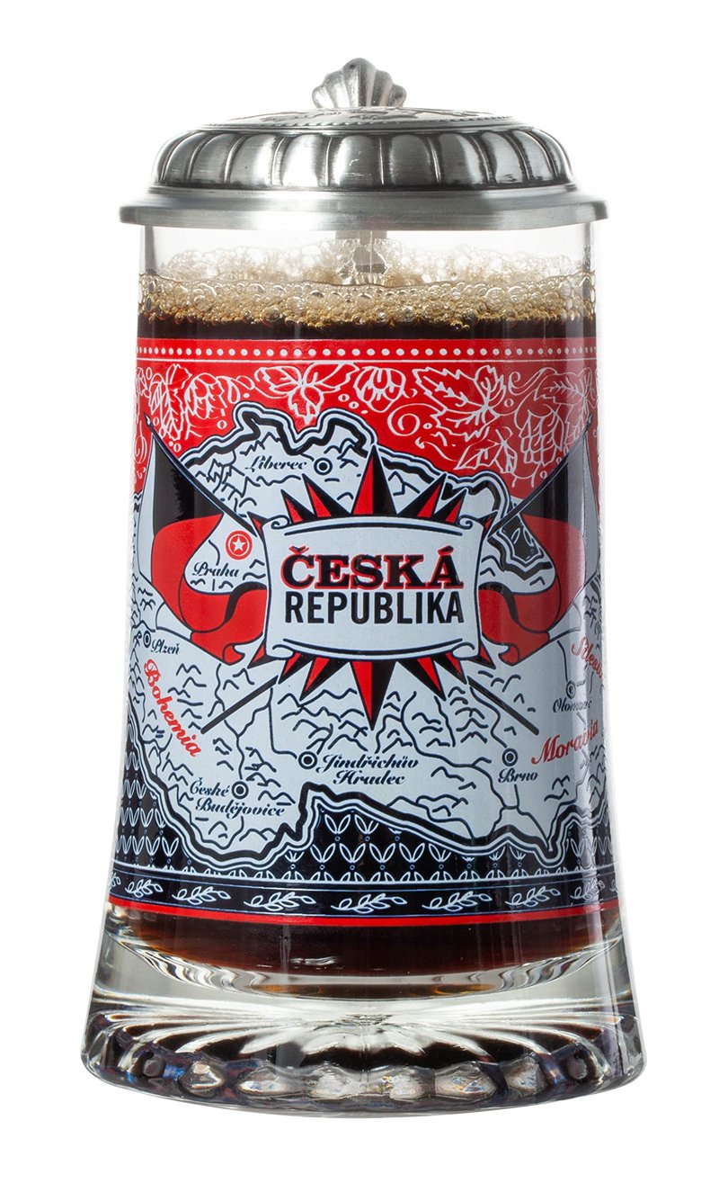 Czech Republik Heritage Flag & Map Glass Beer Stein with Metal Lid and Thumb Lift