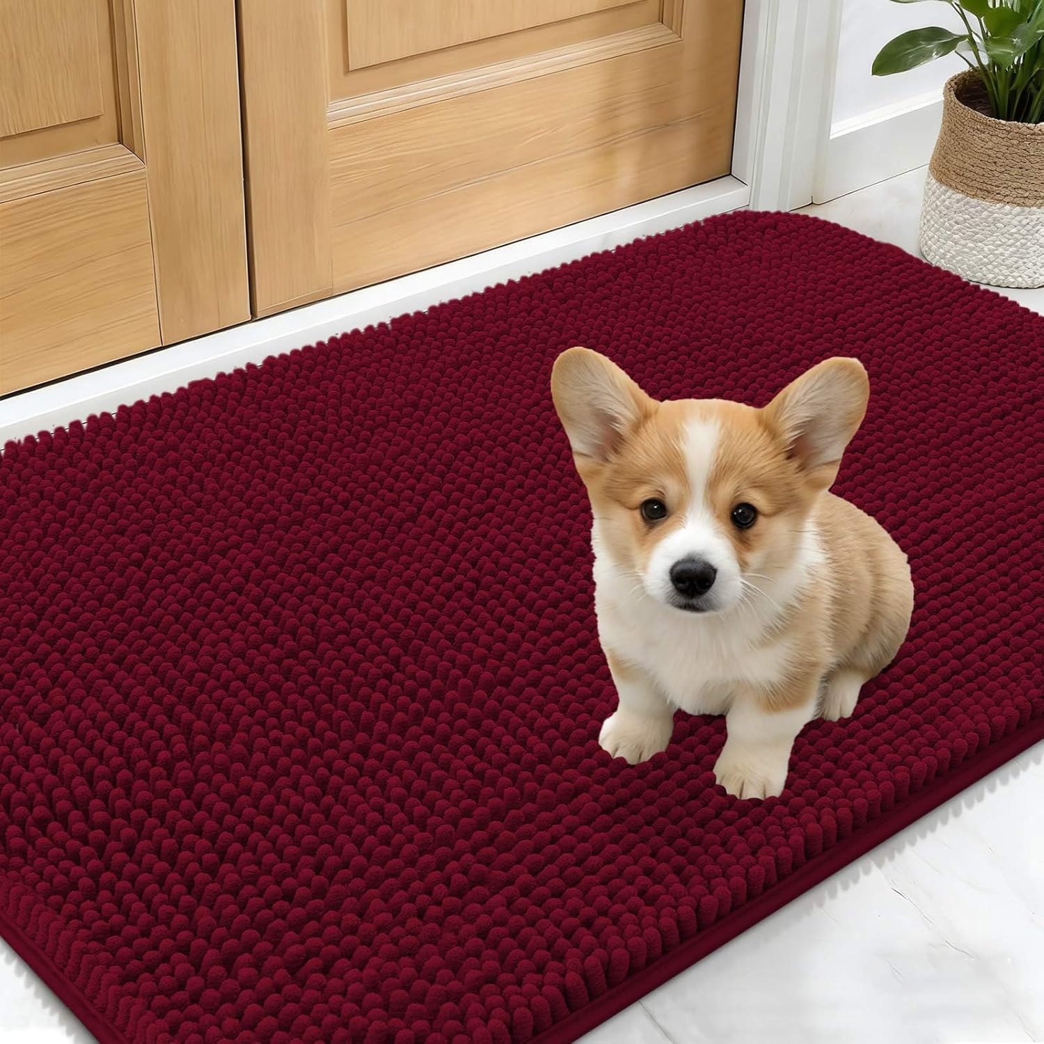 OLANLY Dog Door Mat - Absorbent Non-Slip Chenille for Muddy Paws | 24x16, Quick Dry, Burgundy