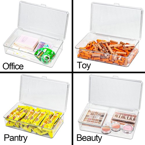 ZEXALOR Clear Plastic Storage Bin with Lid, Organizer for Pantry, Office, Bathroom, Kitchen, Snack, Tea Bag, Coffee Container (Small)