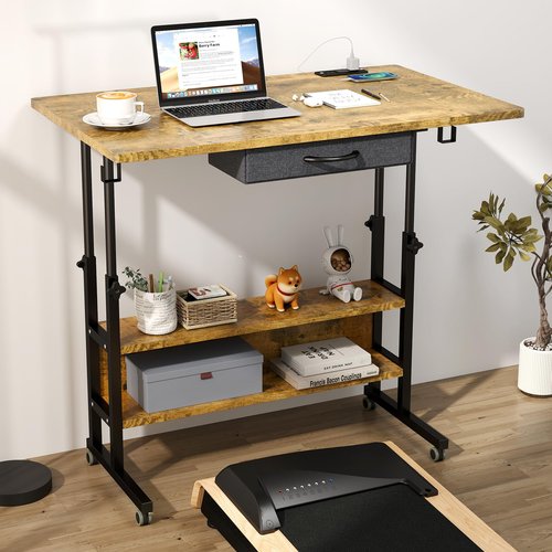 SIDUCAL Portable Standing Desk with Charging Station, Manual Stand Up Desk with Storage Shelves & Drawers, Mobile Laptop Desk with Wheels for Home Office & Treadmill Walking Pad, 39"x24" Rustic Brown