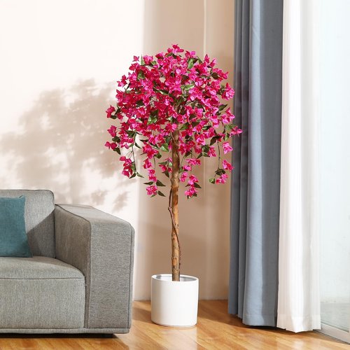 Laiwot 5FT Artificial Tree Tall Potted Fake Bougainvillea Trees for Outdoor Indoor Office Wedding Home Decor Lifelike Faux Plants with Wood Trunk and Pink Flowers