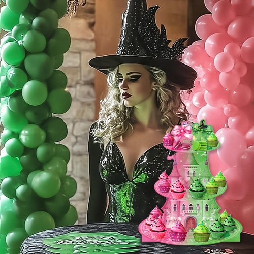 Lukniuo Witch Cupcake Stand 3Tier Witch Birthday Party Cake Stand Pink and Green Cupcake Stands Witches Dessert Tower Holder for Green Pink Birthday Party Cake Table Dessert Tower Decorations ﻿