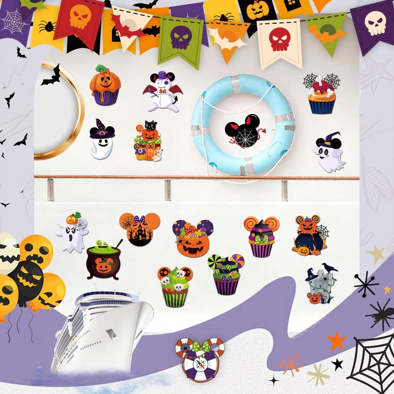 RiVolTa Halloween Cruise Door Decorations - 16 Pcs Mouse Pumpkin Ship Cabin Magnetic Stickers Funny Cute Ghost Boo Anchor Stateroom Magnets Decals Accessories for Carnival Holiday Party Fridge Decor