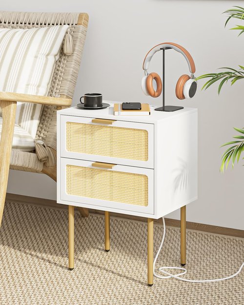 Aobafuir Nightstand with Charging Station, Rattan Nightstand for Bedroom, Small Bedside Table with Drawers, Night Stand, End Table with Gold Frame for Living Room (White, 2 Drawers)