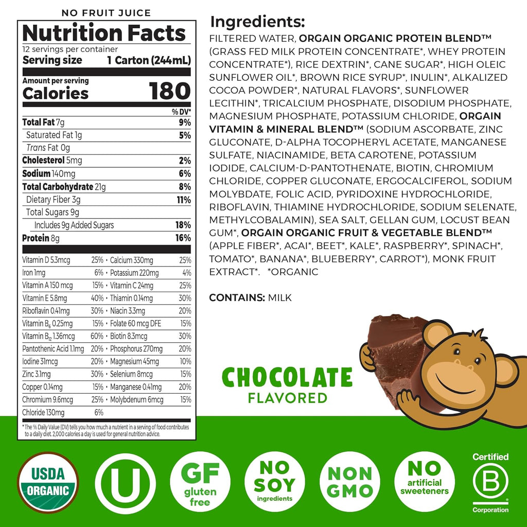 Orgain Organic Kids Protein Shake - Chocolate Flavor, 8g Dairy Protein, Gluten Free, 8.25 Fl Oz (Pack of 12)