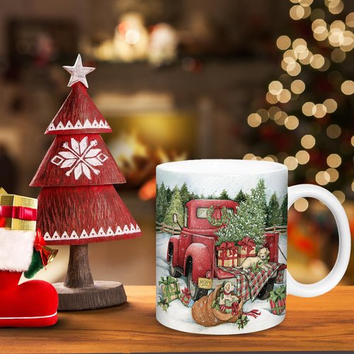 Whaline 4Pcs Vintage Christmas Mug Set 12oz Santa Snowman Coffee Mug Ceramic Xmas Winter Party Cups for Home School Office Housewarming Gift