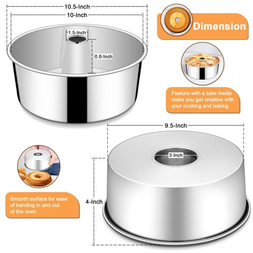 LIANYU Angel Food Cake Pan Set of 2, 10 Inch Tube Pan for Baking Pound Cake, Deep Chiffon Mold with Stainless Steel Core, Mirror Finished, Easy to Release, Dishwasher Safe