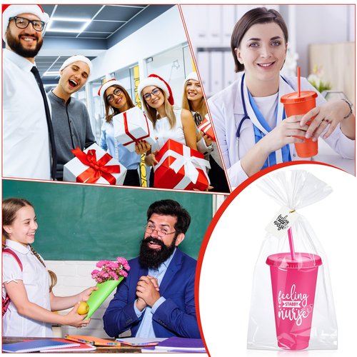Funnymoom 30 Sets Nurse Appreciation Gifts Bulk, 24 oz Tumblers with Lids and Straws, Thank You Plastic Cups with Cards and Bags for Nurse Staff Holiday Party Favors(Elegant,Bright Colors)
