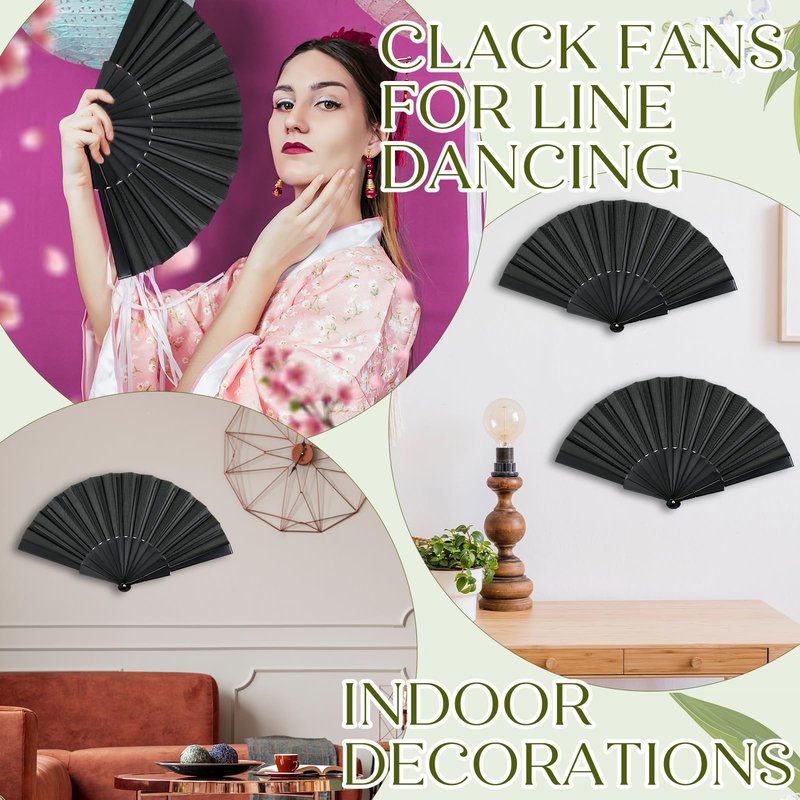 Wenqik 80 Pcs Wedding Folding Hand Fans Bulk Silk Fabric Chinese Handheld Foldable Clack Fans with Plastic Ribs for Party, Wedding Gifts, Line Dancing, Home Decorative (Black)