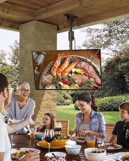 Greenstell Ceiling TV Mount with Power Outlet, TV Mount for 26-65 inch TVs, Ceiling Mount with 900J Surge Protection, Swivel, Tilt and 6 Height Adjustable, Max VESA 400x400mm, Holds up to 110Lbs
