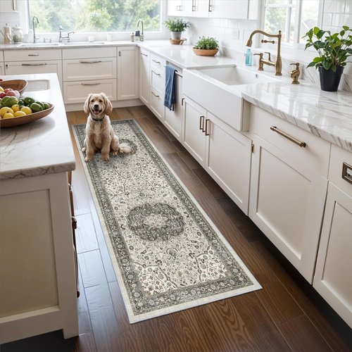 **Hallway Washable Runner Rug - Oriental Stain Resistant | Ultra Soft Non-Slip Indoor Carpet (2x6, Grey)**