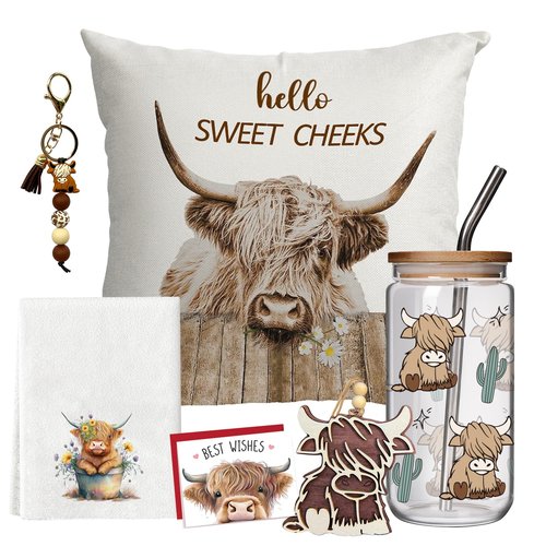 6 Pcs Fall Farmhouse Highland Cow Gifts Box for Women Cow Lovers Friends Graduation Birthday Mothers Day, 16oz Cute Cows Glass Coffee Cup Hello Sweet Cheeks Pillow Cover & Cute Keychain
