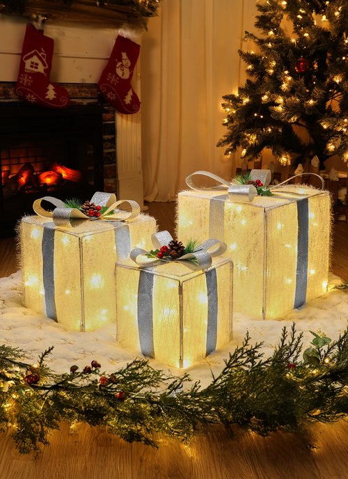 Brightown 3 Pieces Lighted Gift Boxes Outdoor Christmas Decorations, 12" 10" 8" with 60 Pre-Lit Mini String Lights，Foldable LED Boxes with Bows for Tree Indoor Outdoor Party Yard Home Decor