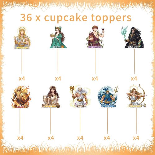 Greek Mythology Party Decorations - 36 Pcs Cupcake Toppers Featuring 9 Unique Designs for Toga Parties