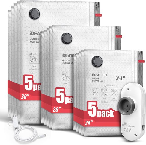 IDEATECH Travel Vacuum Bags - 15 Pack with USB Pump | Space Saver Compression Bags for Clothes - Easy to Load, Perfect for Suitcase & Carry-On
