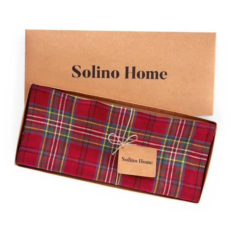 Solino Home Linen Table Runner 108 Inches Long - 100% Pure Linen Red Classic Tartan Plaid Table Runner 14 x 108 Inch for Dining