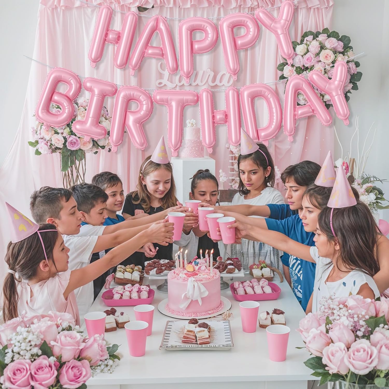 Skiennix Pink Happy Birthday Balloon Banner - 16 Inch Pastel Pearl Mylar Foil Balloons for Party Decor