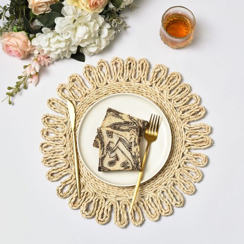 IcosaMro Round Woven Placemats for Dining Table Set of 6 Small Natural Braided Rattan Tablemat Flower Wicker Charger Plates for Holiday Christmas Kitchen Table Mat, Beige, 12.5 Inches