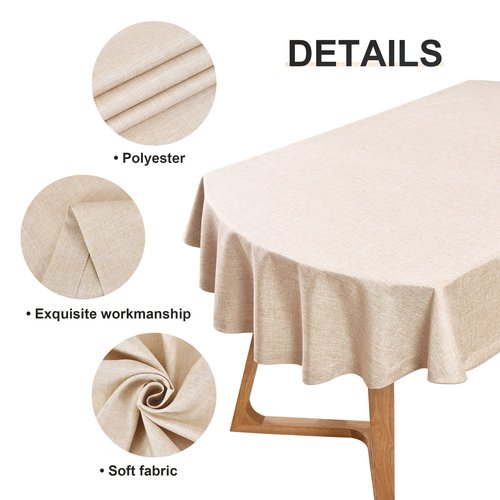 Wolkemer Faux Linen Oval Tablecloth Heavy Duty Wrinkle Resistant Fabric Table Cloths 60 x 84 Inch Beige Farmhouse Rustic Table Cover for Kitchen Dining Indoor Outdoor Tabletop Decoration