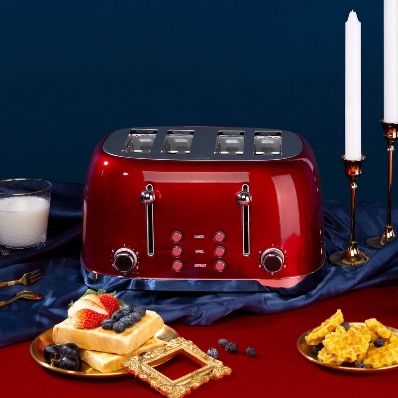 Roter Mond 4 Slice Toaster Retro Stainless Steel with Bagel Defrost Cancel Function, 6 Browning Settings, Extre Wide Slot and Removable Crumb Tray, Red, ST033