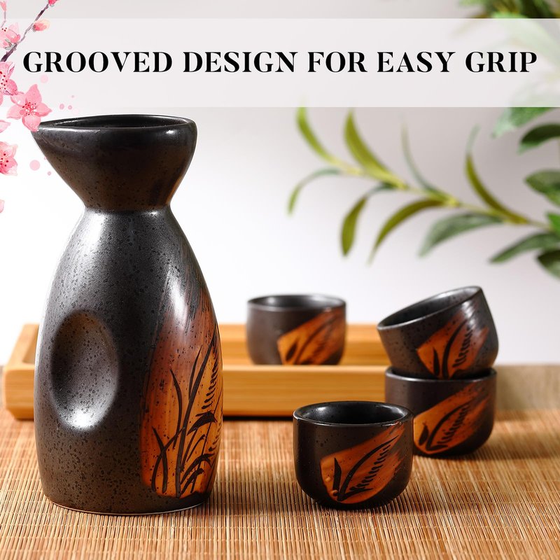 Skyley Japanese Sake Set with Tray Traditional Saki Cups Set Korean Soju Glass Ceramic Japanese Gifts for Cold Wine Holiday Christmas Gifts(Red,Plum Blossom)