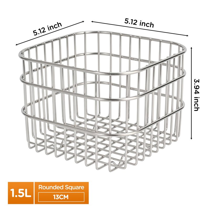 KPGRN 304 Stainless Steel Wire Mesh Fruit Basket Colander, 1.5L Countertop Storage Organizer for Fruits, Vegetables, Snacks.5.12 x 5.12 x 3.94 in (13cm,Rounded Square)