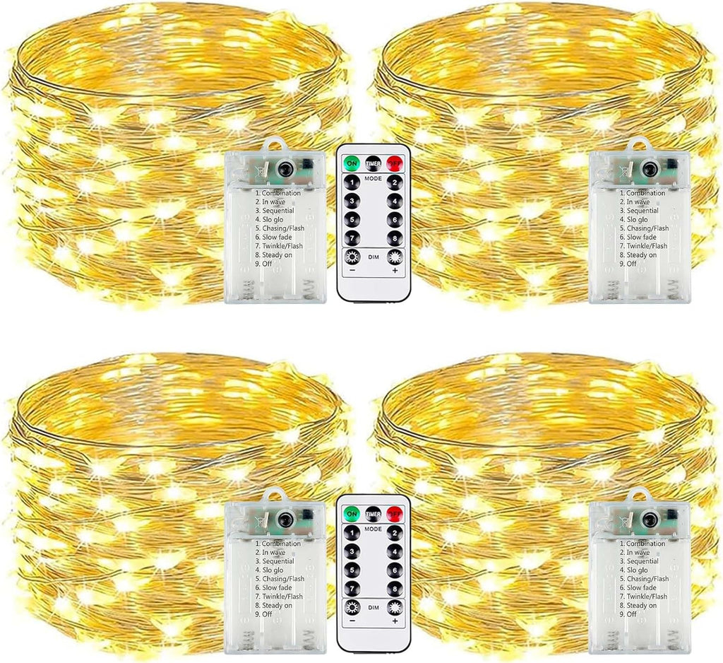Skiennix 4-Pack Battery Operated Fairy Lights - Remote & Timer, 50 LED Waterproof 16 FT String Lights for Indoor/Outdoor Christmas Décor (Warm White)