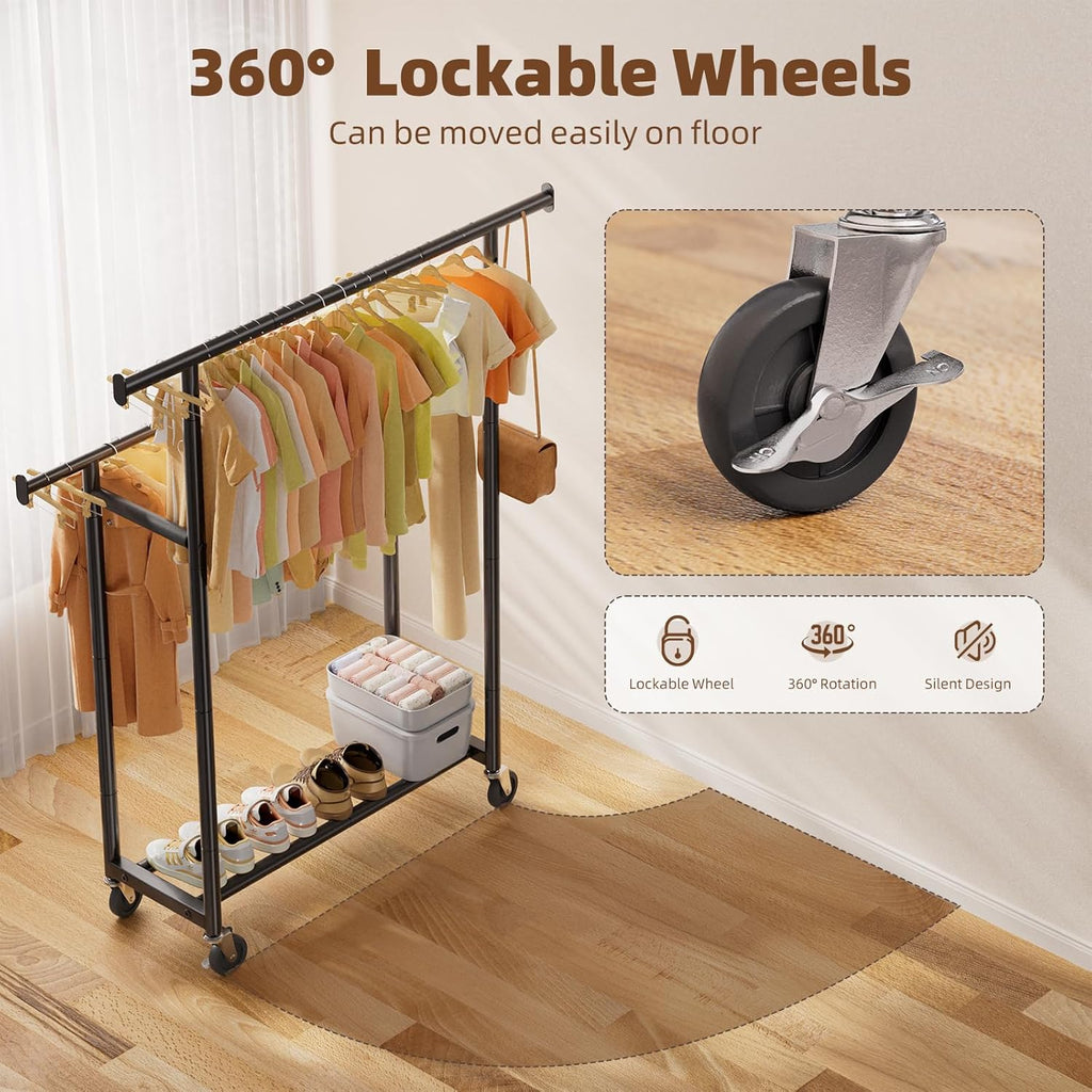 Skiennix Double Rod Clothing Rack - Portable Metal Garment Rack with Rolling Wheels | Black