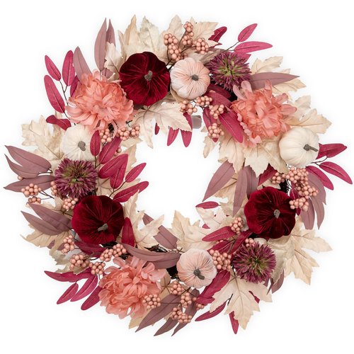 Briful 26" Artificial Fall Wreath with Velvet Pumpkins, Chrysanthemums & Pink Maple Eucalyptus Leaves – Soft Blush Autumn Wreath for Front Door, Fireplace, Wall Decor