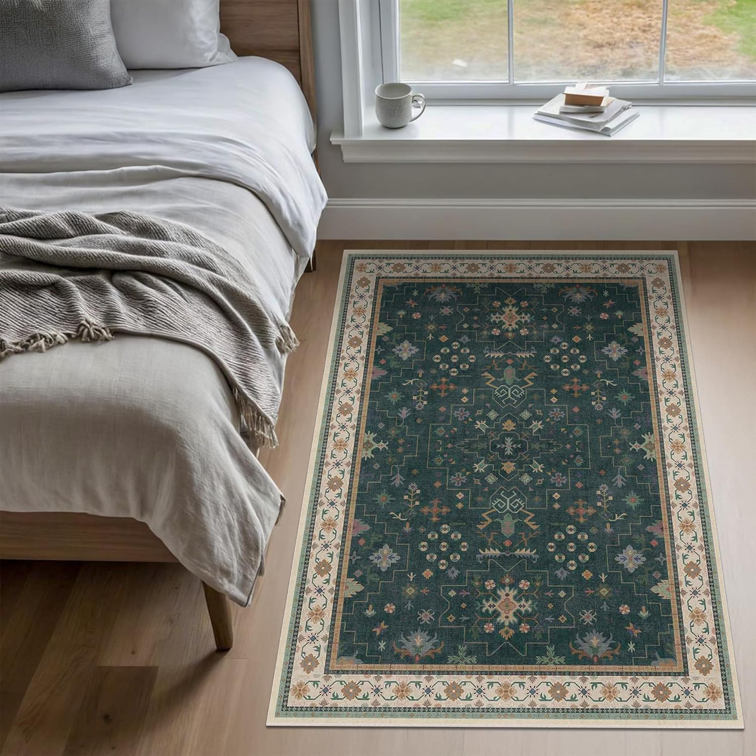 Oushak Dark Green 3x6 Kitchen Rug - Modern Vintage Boho Floral, Washable Non-Slip Area Rug for Entryway & Bedroom