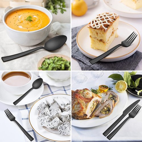 LIANYU 45-Piece Matte Black Silverware Set with Serving Utensils, Stainless Steel Flatware Cutlery Set for 8, Square Tableware Eating Utensils for Wedding Home, Satin Finish, Dishwasher Safe