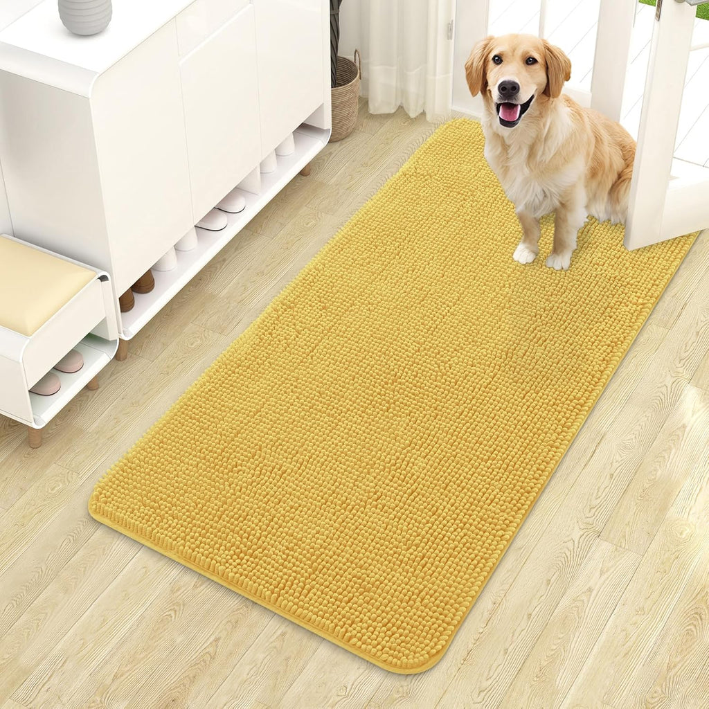 OLANLY Dog Door Mat - Absorbent Non-Slip Chenille Mat for Muddy Paws | 44x24 Inches, Quick Dry, Yellow