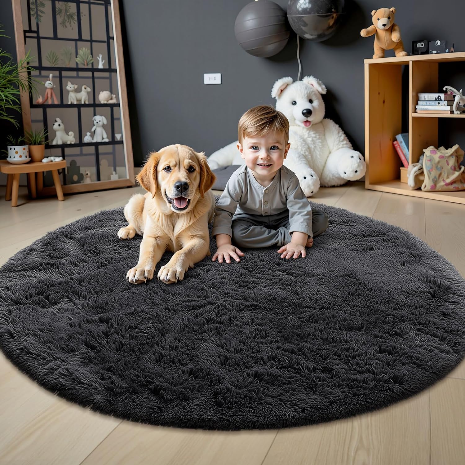 OLANLY Black Round Area Rug - Soft, Fluffy, Machine Washable 7 ft Circle Carpet for Bedroom & Living Room
