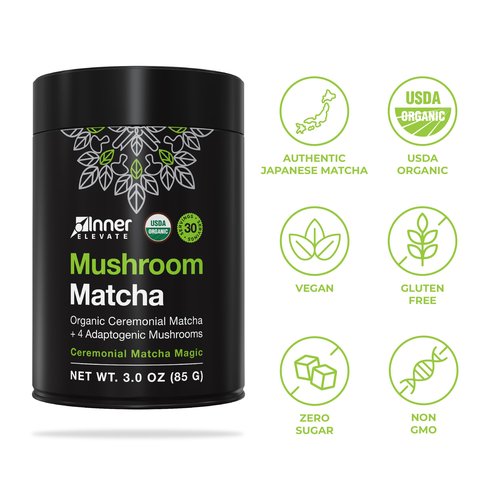 Inner Elevate Mushroom Matcha - Organic, Ceremonial-Grade Matcha Powder with 4 Superfood Mushrooms - Adaptogenic Mushroom Tea Drink with Lion's Mane, Cordyceps, Turkey Tail, Reishi (30 Servings)