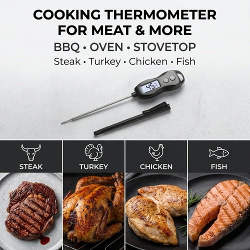 Meat Thermometer Digital - Instant Read Waterproof Food Thermometer with Backlight for BBQ, Steak, Turkey & More (Black)