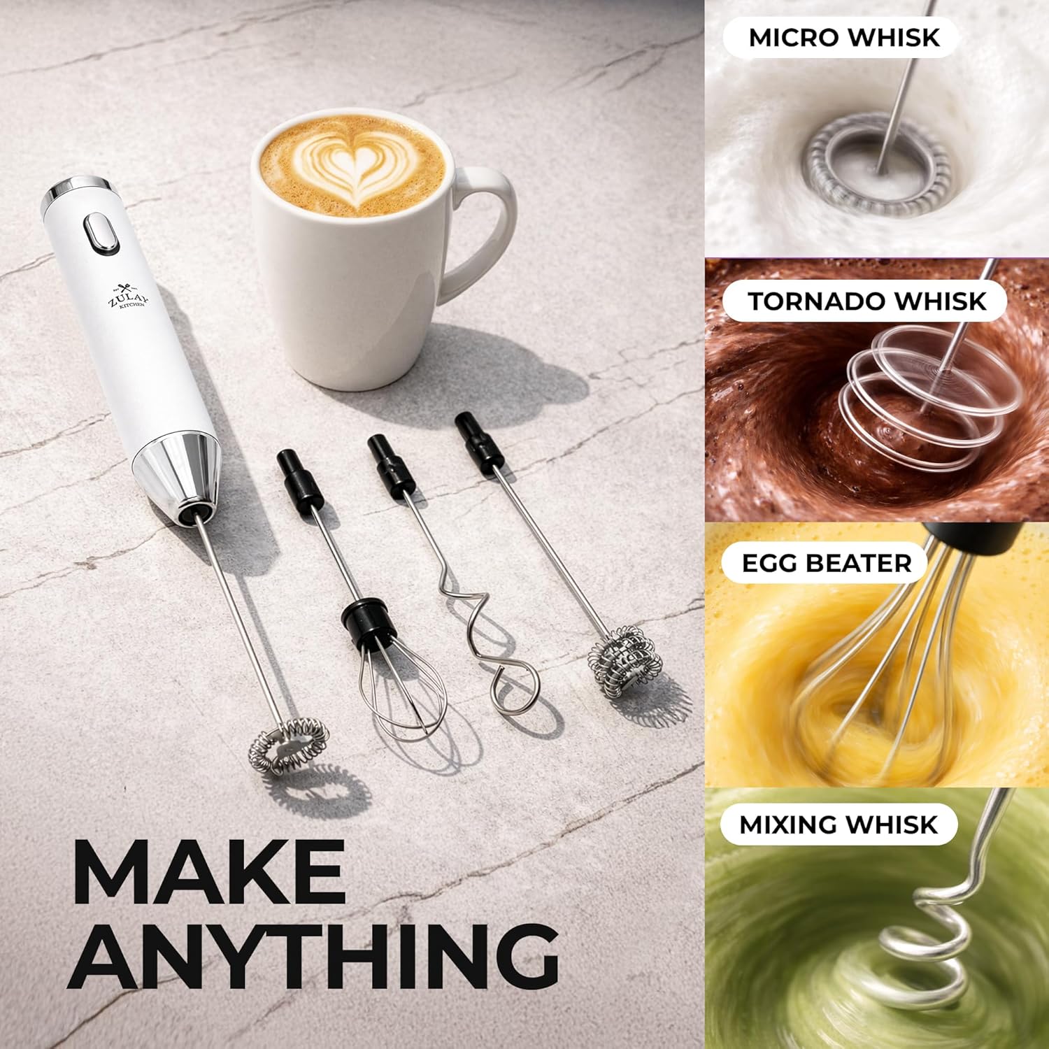 Zulay Kitchen Rechargeable Milk Frother - Handheld Electric Drink Mixer with 3 Whisk Attachments | USB-C Charging, Lasts 6 Months