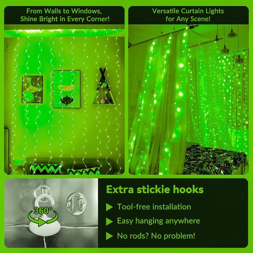 HXWEIYE 300LED Fairy Curtain Lights - 9.8x9.8Ft USB Plug-In with Remote | 8 Modes for Indoor Decor, Green