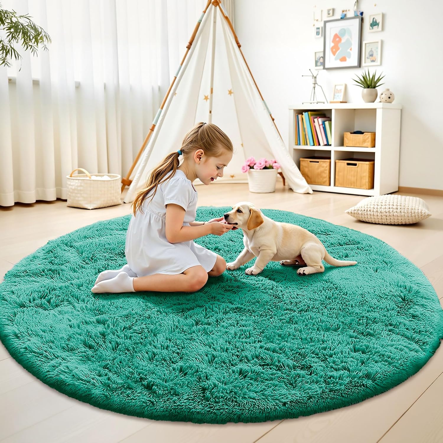 OLANLY Round Teal Green Area Rug - Soft, Fluffy, Machine Washable 9 ft Carpet for Bedroom & Living Room