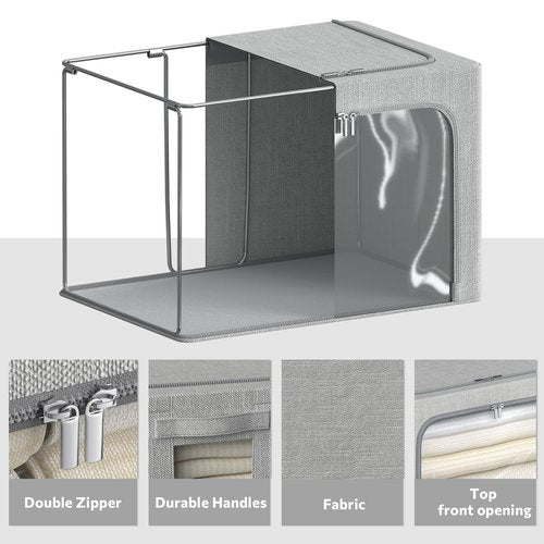 CYhom 4 Pack Clothes Storage Bins with Metal Frame - Linen Fabric Foldable Stackable Container Organizer Set with Clear Window & Carry Handles & Zippers (Light Grey, 23.6"x16.5"x15.7")