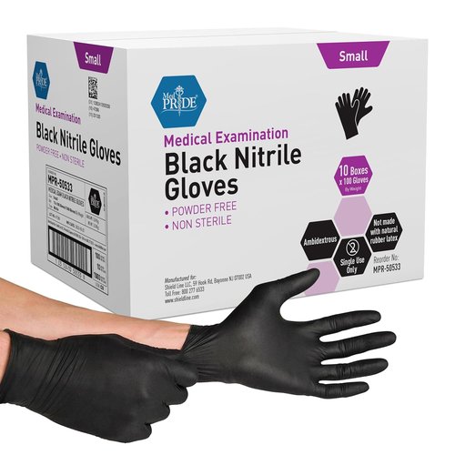 Med Pride Heavy Duty Black Nitrile Gloves - Non-Allergenic & Ultra-Strong | 4 Mil Thick, 1000-Count (Small)