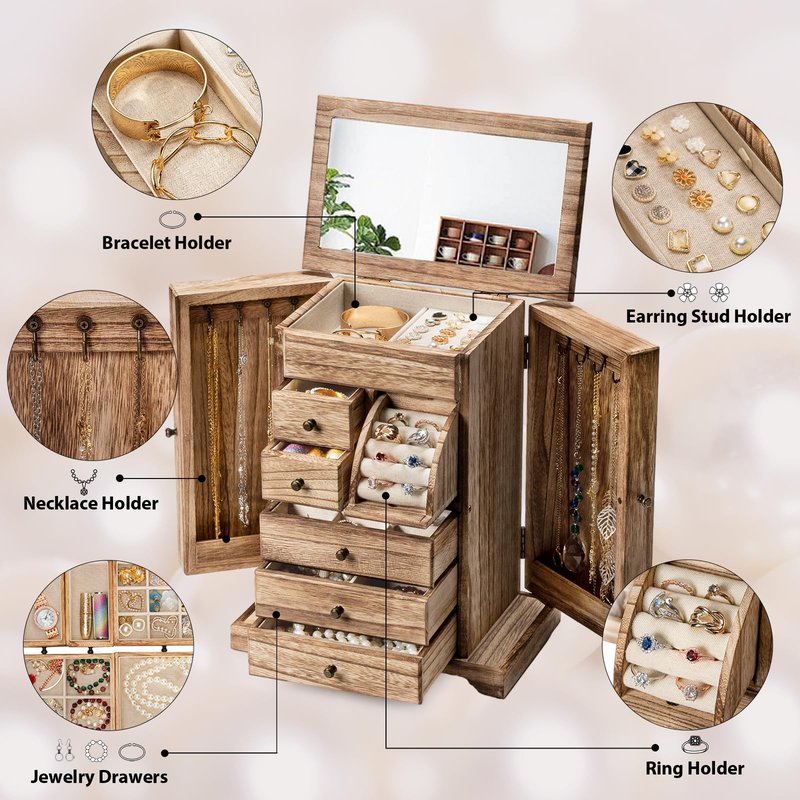 Yoimori Jewelry Box for Women, Rustic Wooden Jewelry Boxes & Organizers with Mirror & Drawers,6 Layer Jewelry Organizer Box for Rings Earrings Necklaces Bracelets (Carbonized Black)