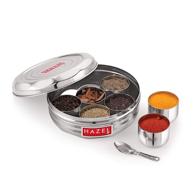 HAZEL Stainless Steel Spice Box with Spoon, Airtight 7-Compartment Masala Dabba, 7.3-Inch Round Spice Organizer for Kitchen Storage