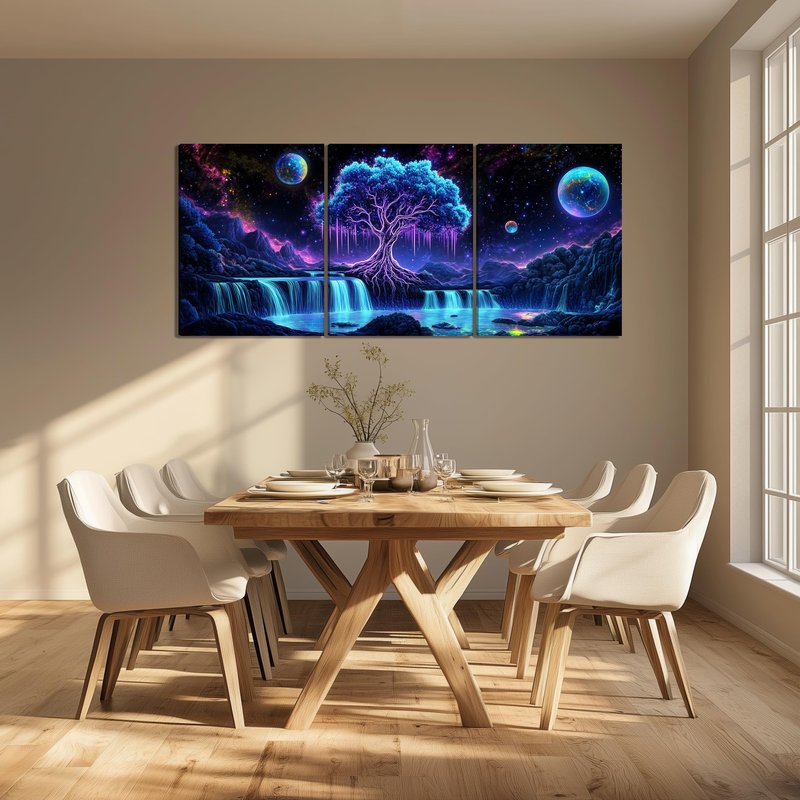 KFYMP Tree of Life Wall Art – 3 Piece Galaxy Canvas Prints – Large Fantasy Waterfall and Space Wall Decor – Spiritual Modern Artwork for Living Room – 16x24 Inch